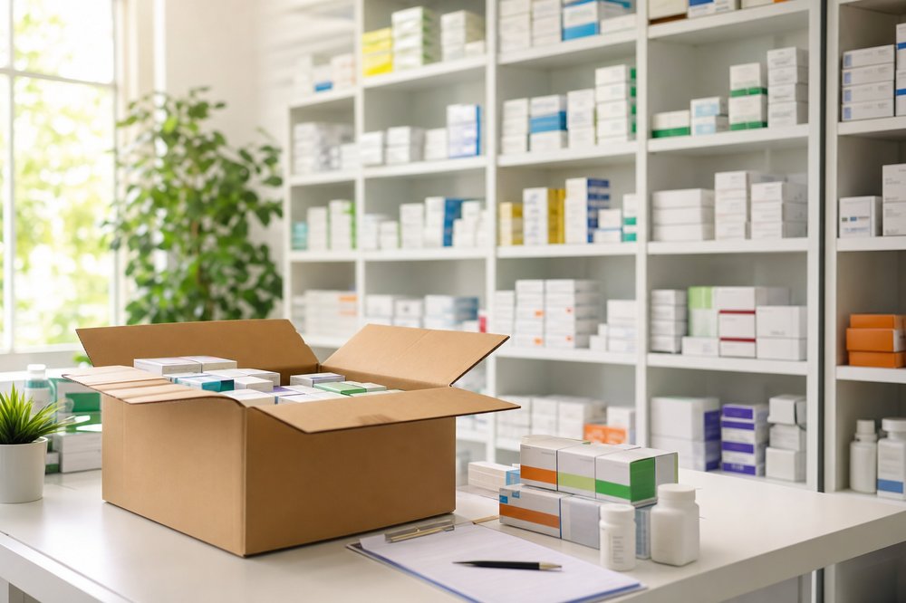 Medicine wholesale storeroom with orders being prepared for delivery