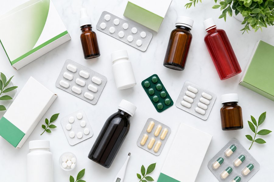 Assorted medicines, tablet blister packs and bottles
