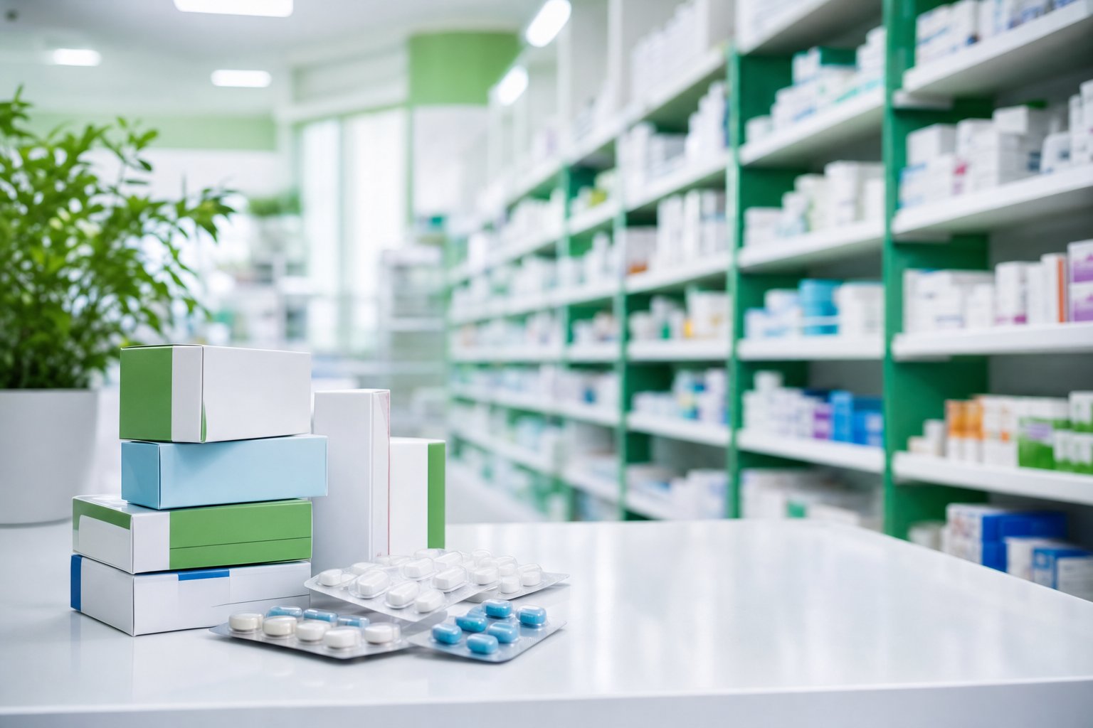 Organised pharmaceutical wholesale shelves with neatly stocked medicine boxes